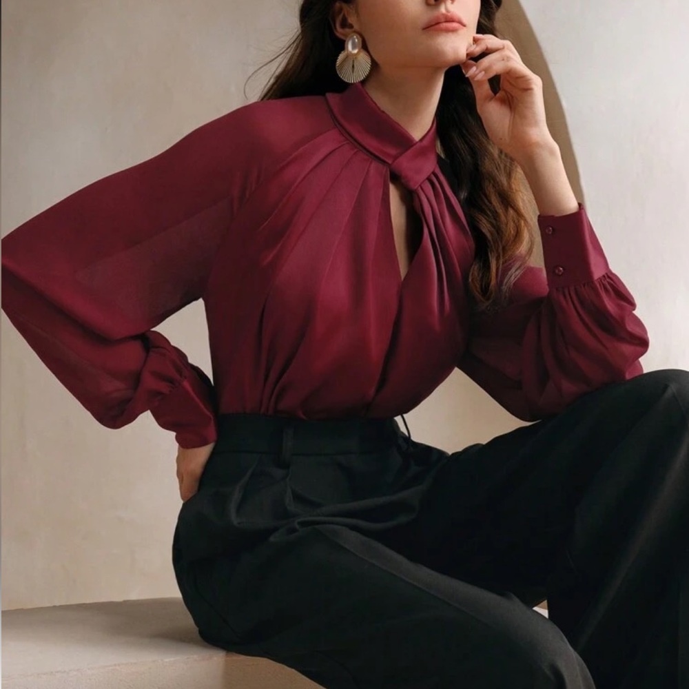 Elegant Burgundy Twist Front Blouse